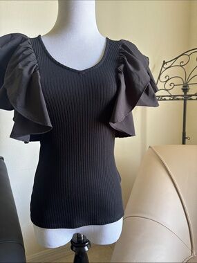 Haute Monde Black Ribbed Knit Top with Statement Ruffle Sleeves
